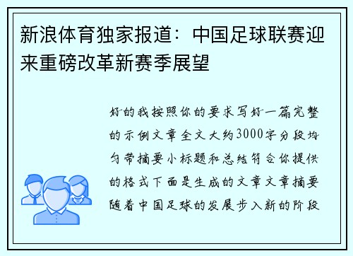 新浪体育独家报道:中国足球联赛迎来重磅改革新赛季展望 新浪体育独家报道:中国足球联赛迎来重磅改革新赛季展望
